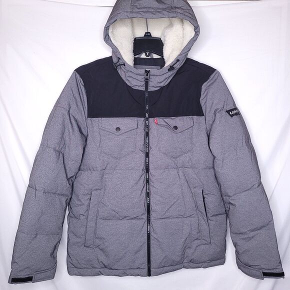 Levis Puffer Jacket Mens Medium Gray Sherpa Hood Heavyweight Insulated - Picture 1 of 11